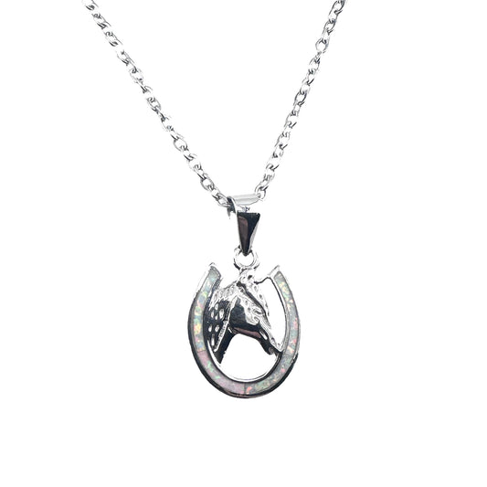 Sterling Silver White Lab Opal 925 Horse Pendant