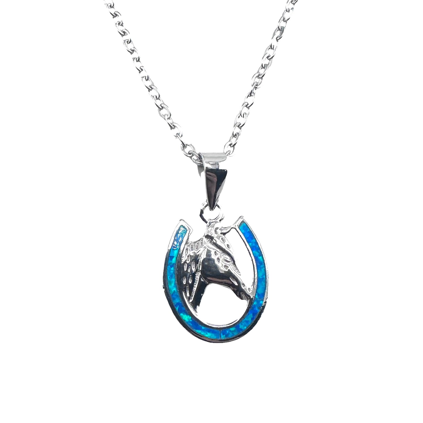 Sterling Silver Blue Lab Opal 925 Horse Pendant