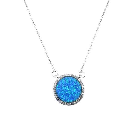 Sterling Silver 925 Blue Lab Opal Round Necklace