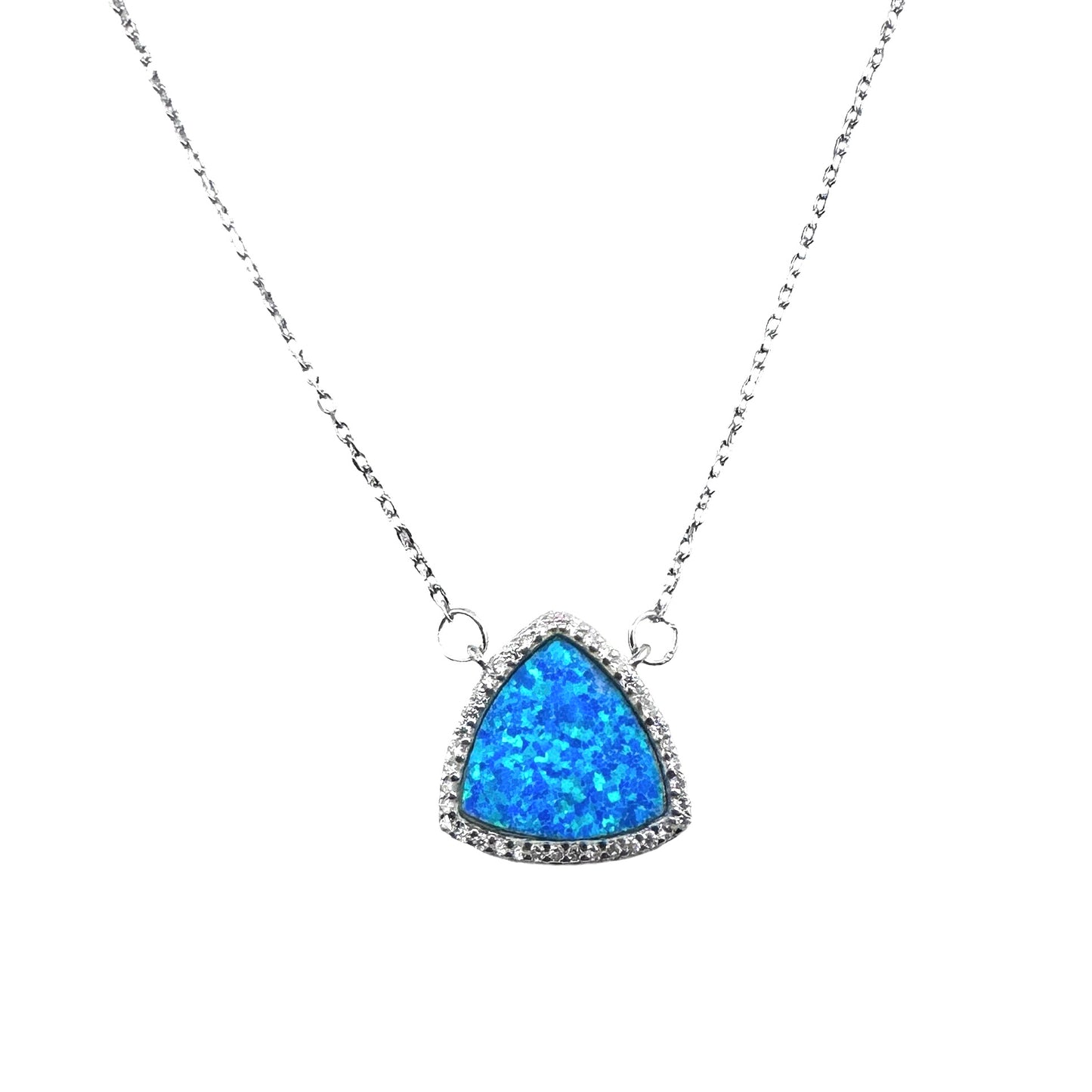 Sterling Silver 925 Blue Lab Opal CZ Triangle Necklace