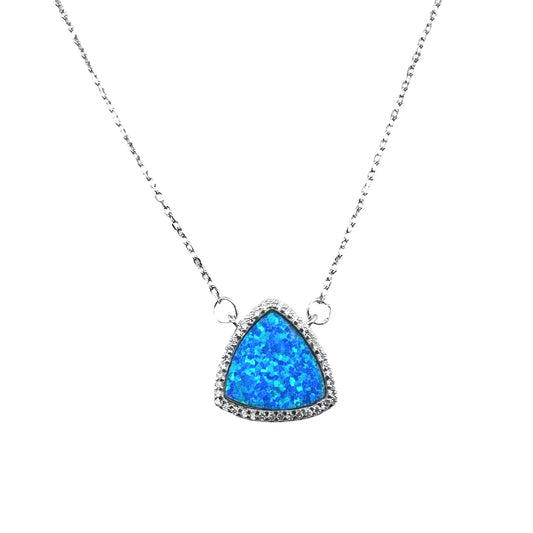 Sterling Silver 925 Blue Lab Opal CZ Triangle Necklace