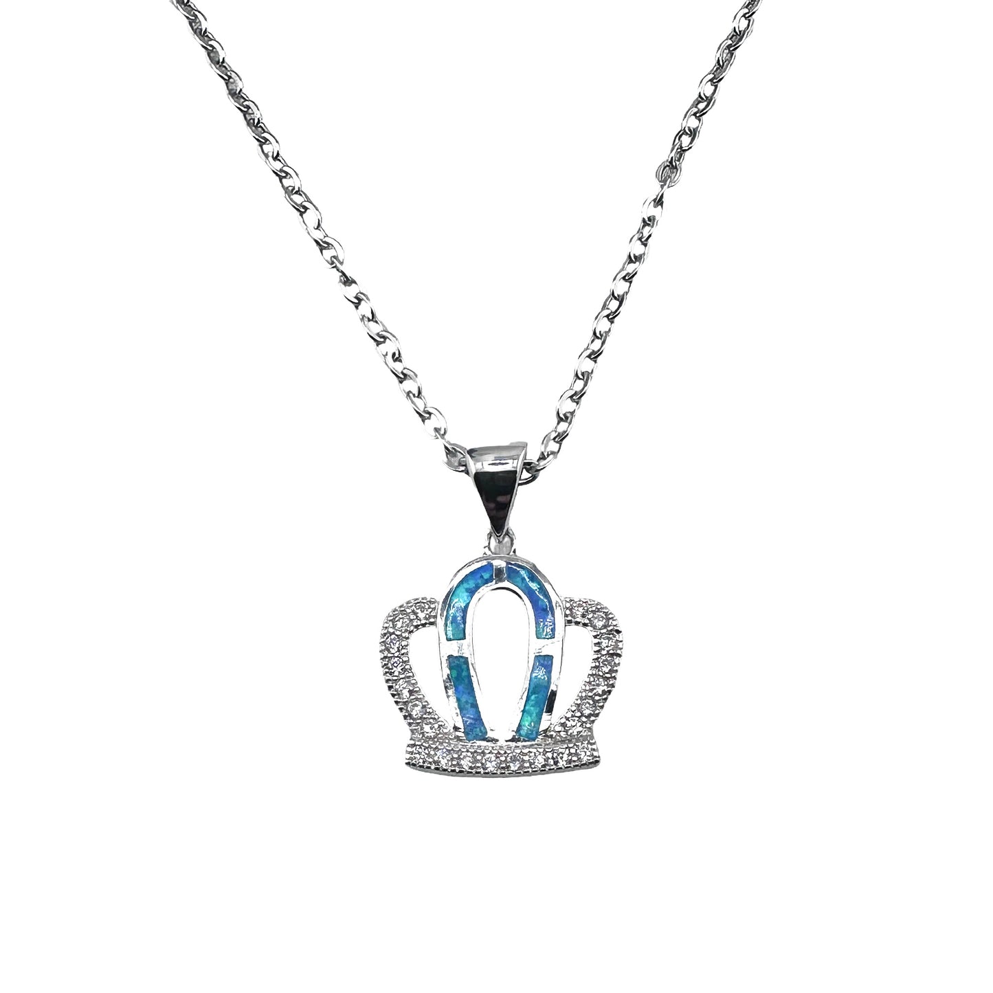 Sterling Silver Blue Lab Opal CZ 925 Royal Crown Pendant