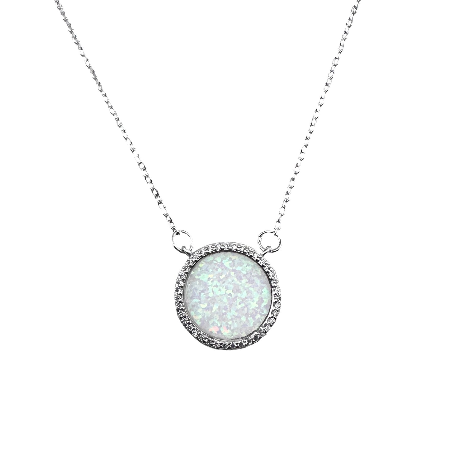 Sterling Silver 925 White Lab Opal Round Necklace