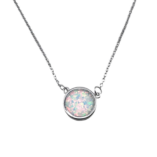 Sterling Silver 925 White Lab Opal Round Necklace