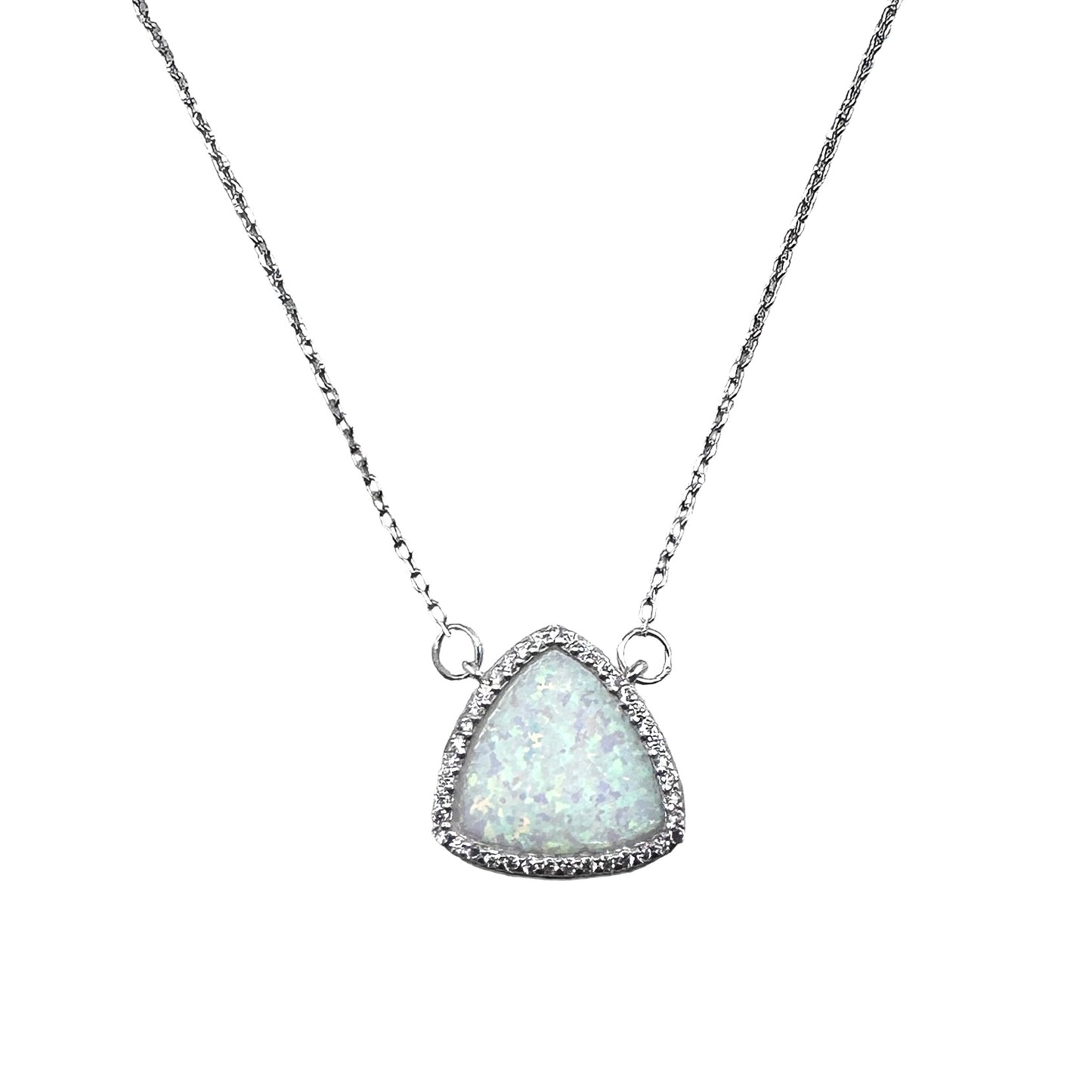 Sterling Silver 925 White Lab Opal CZ Triangle Necklace