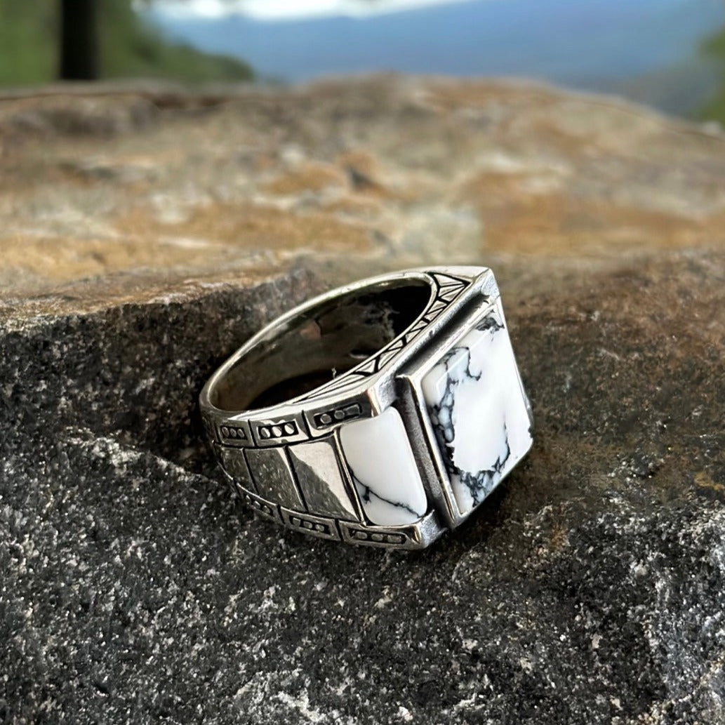 Sterling Silver Howlite White Agate Stone Ring