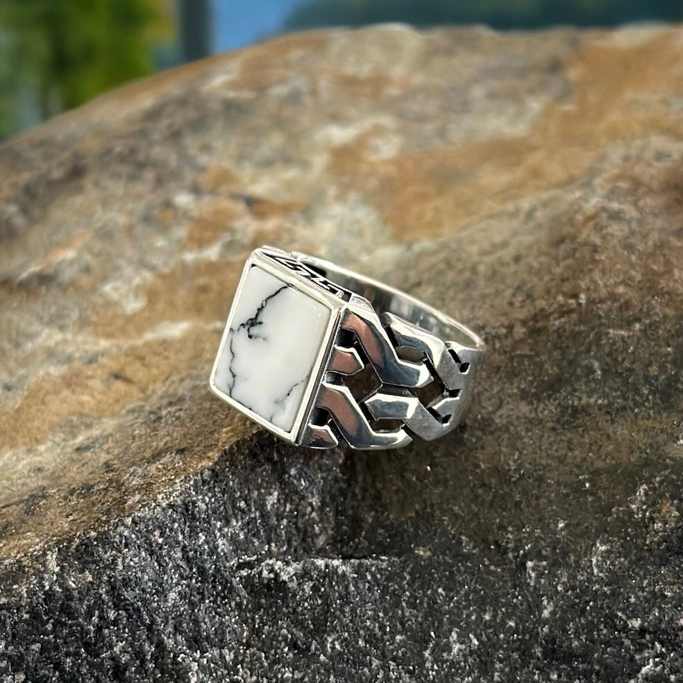 Sterling Silver Howlite White Agate Stone Ring