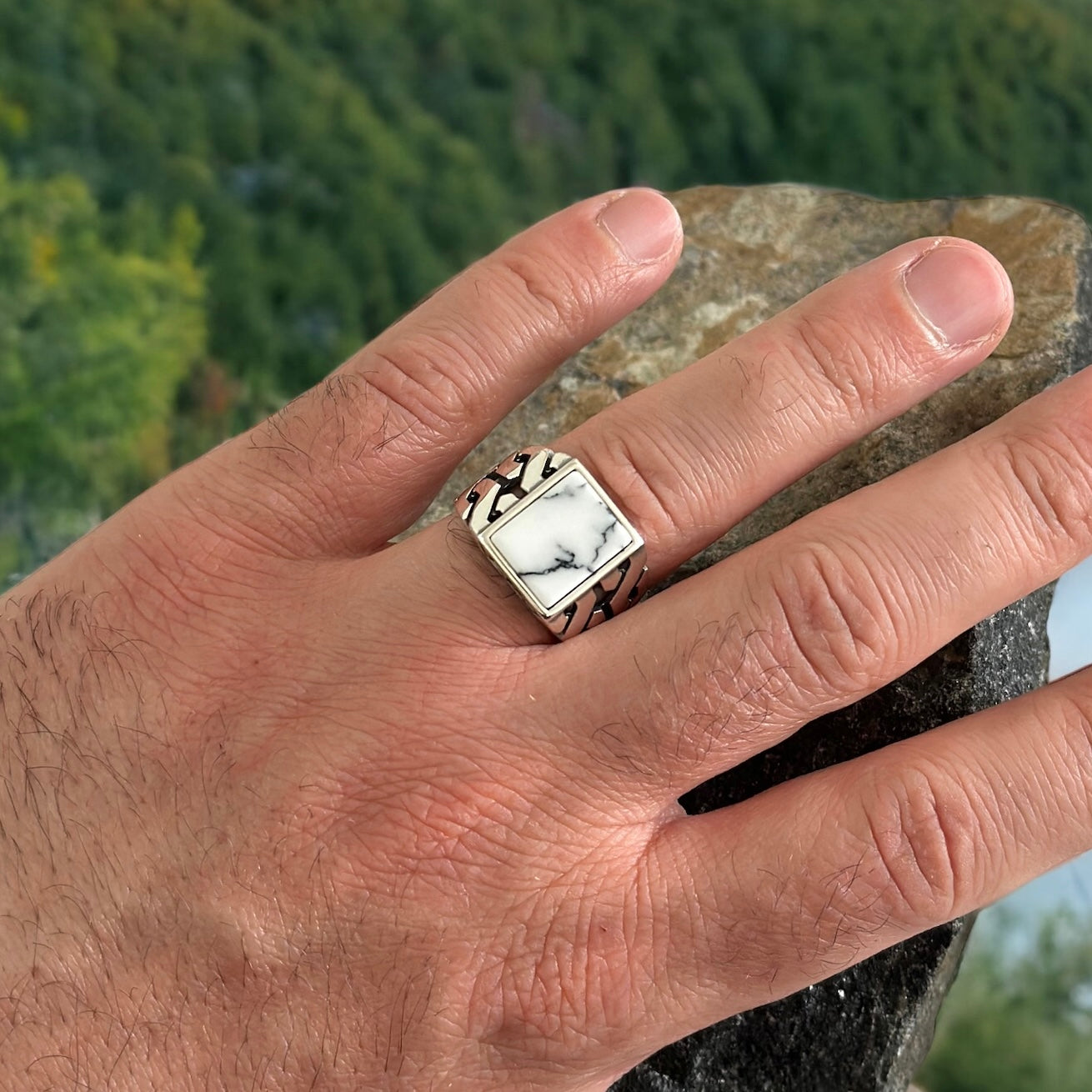 Sterling Silver Howlite White Agate Stone Ring