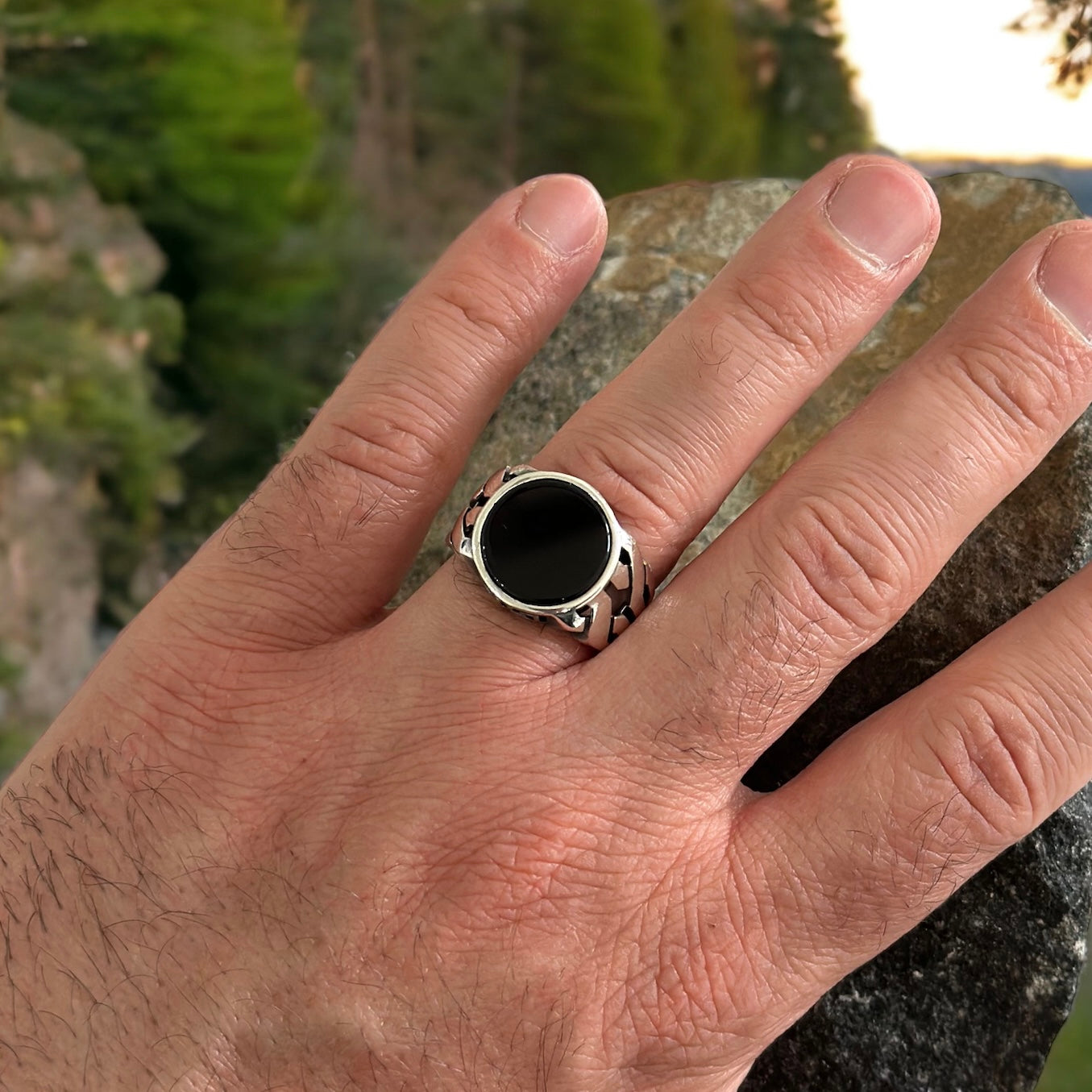 Sterling Silver Black Onyx Agate Stone Ring