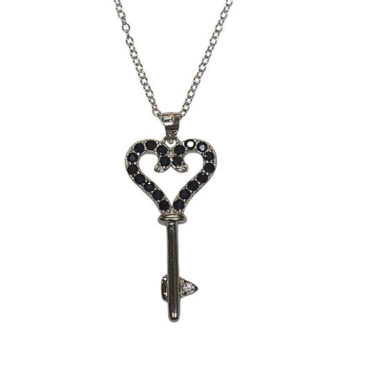 Sterling Silver 925 Cubic Zirconia Key Heart Necklace