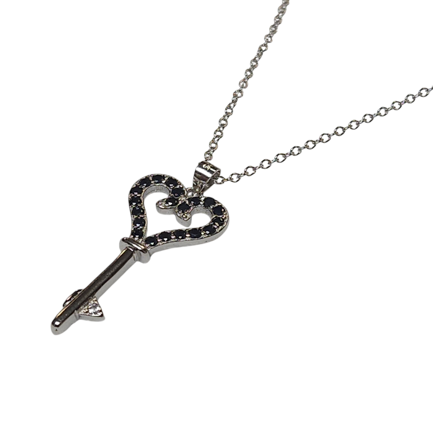 Sterling Silver 925 Cubic Zirconia Key Heart Necklace