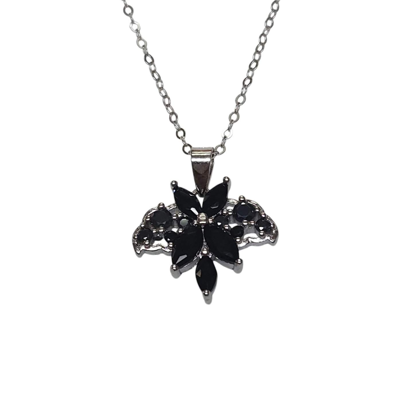 Sterling Silver 925 Cubic Zirconia Black Stone Butterfly Necklace