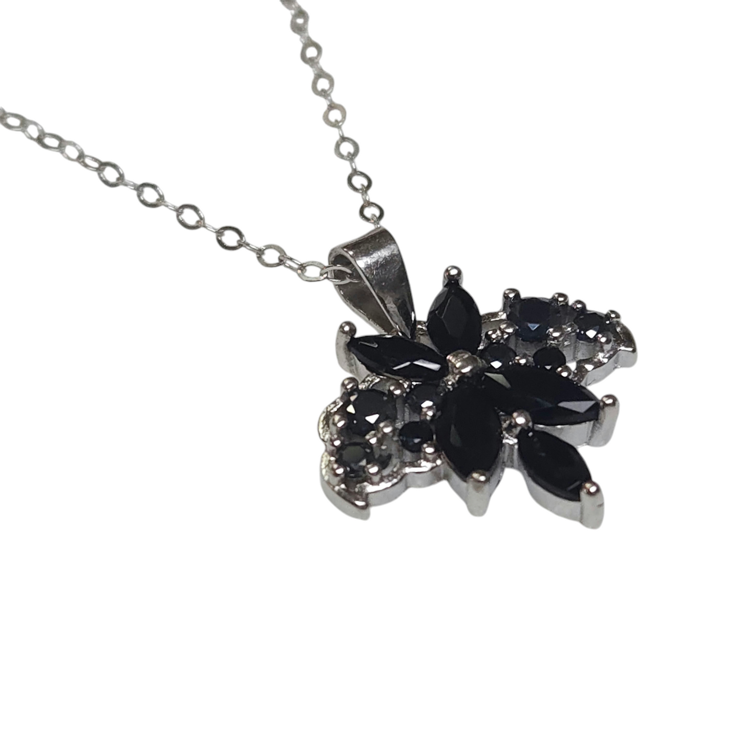 Sterling Silver 925 Cubic Zirconia Black Stone Butterfly Necklace