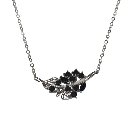 Sterling Silver 925 Cubic Zirconia Black Stone Leaf Necklace