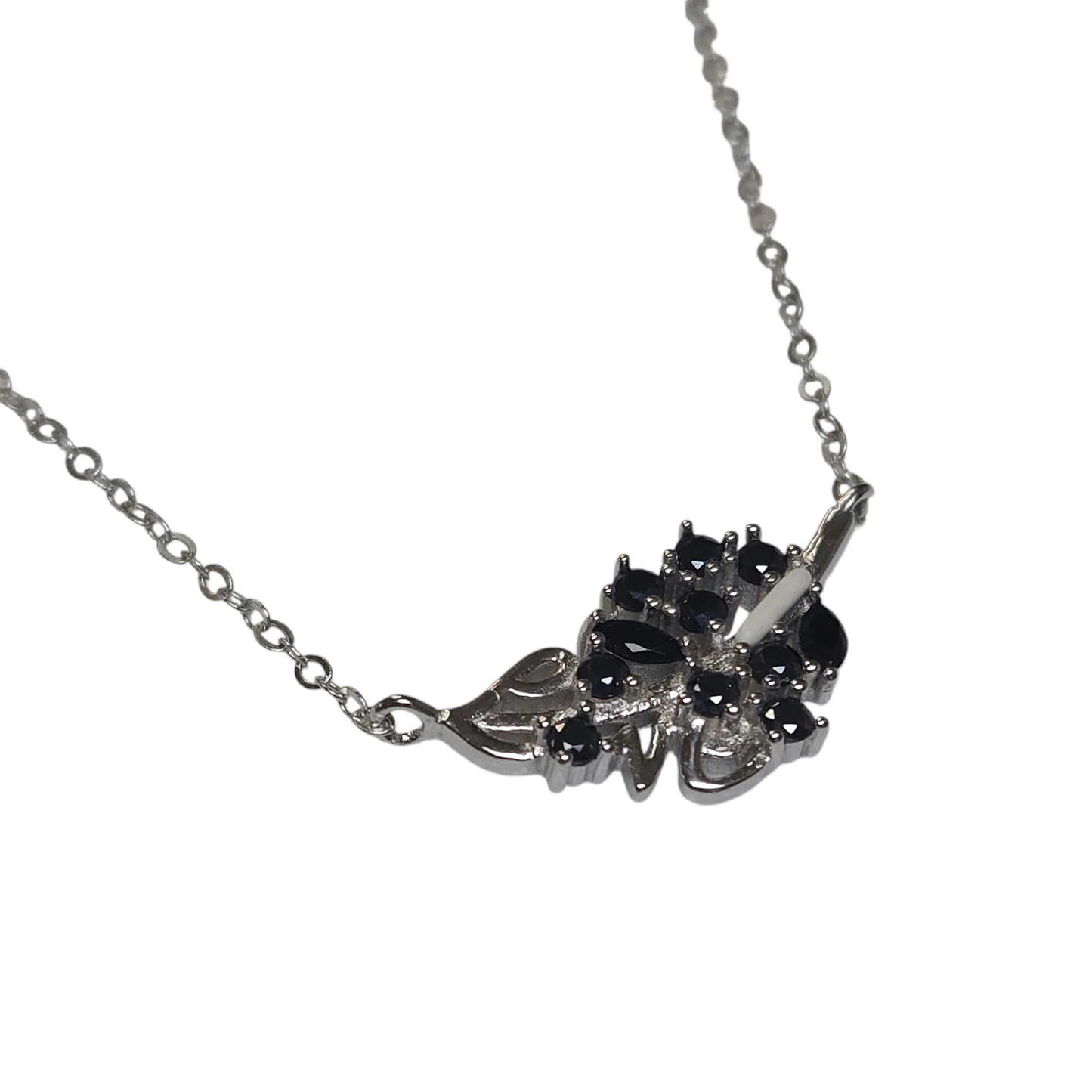 Sterling Silver 925 Cubic Zirconia Black Stone Leaf Necklace