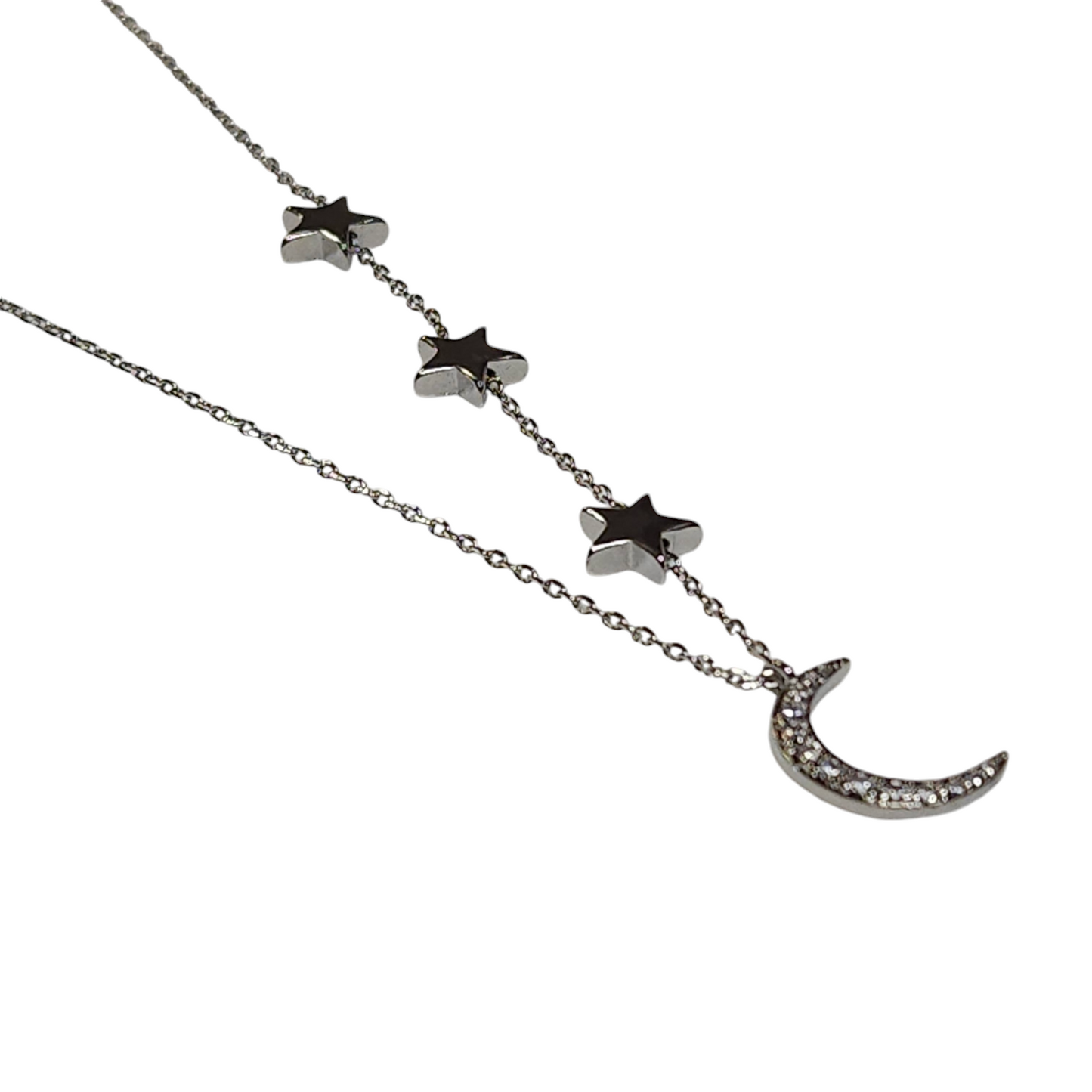 Sterling Silver 925 Cubic Zirconia Three Stars And A Crescent Necklace