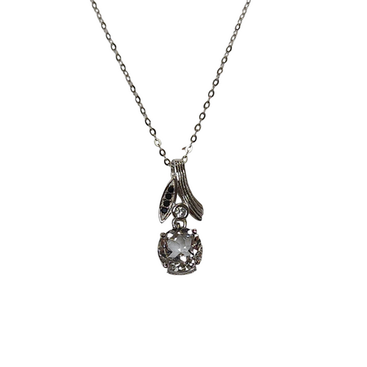 Sterling Silver 925 Cubic Zirconia Black Stone Leaf Necklace