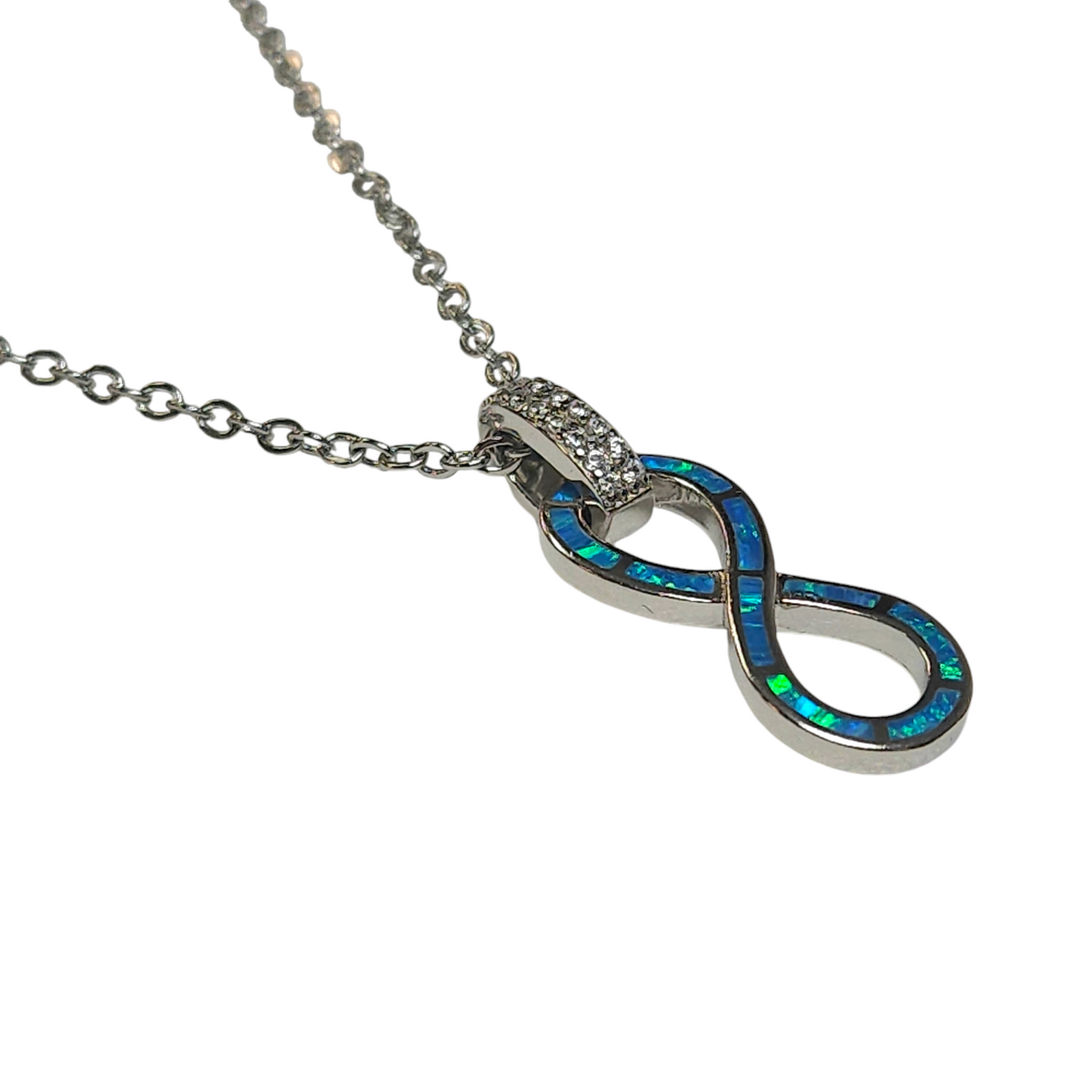 Sterling Silver Blue Lab Opal & CZ Infinity Pendant