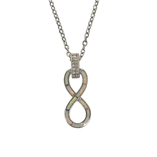 Sterling Silver White Lab Opal & CZ Infinity Pendant