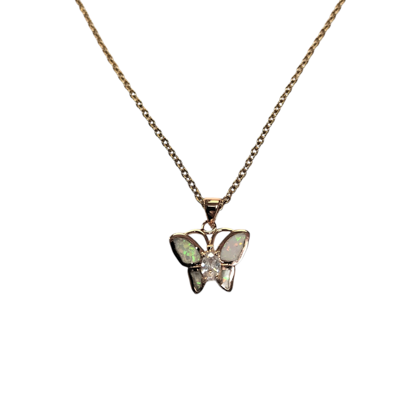 Sterling Silver Rose Gold Clear Lab Opal Butterfly Pendant