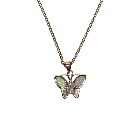 Sterling Silver Rose Gold Clear Lab Opal Butterfly Pendant