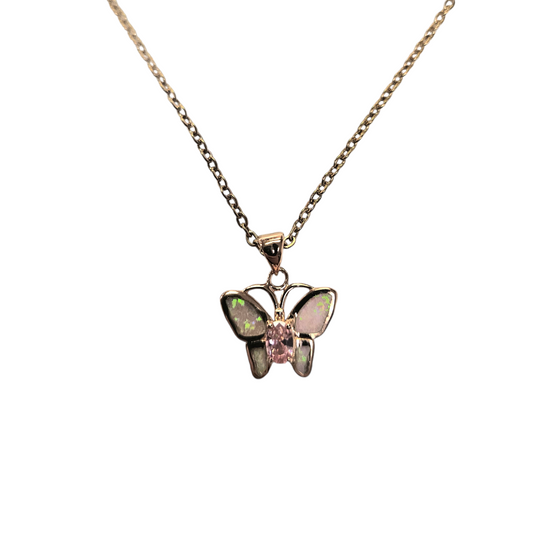 Sterling Silver Rose Gold Pink Lab Opal Butterfly Pendant