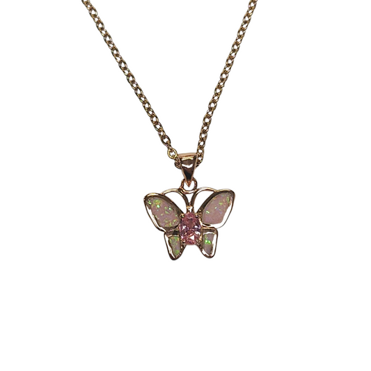 Sterling Silver Rose Gold Pink Lab Opal Butterfly Pendant