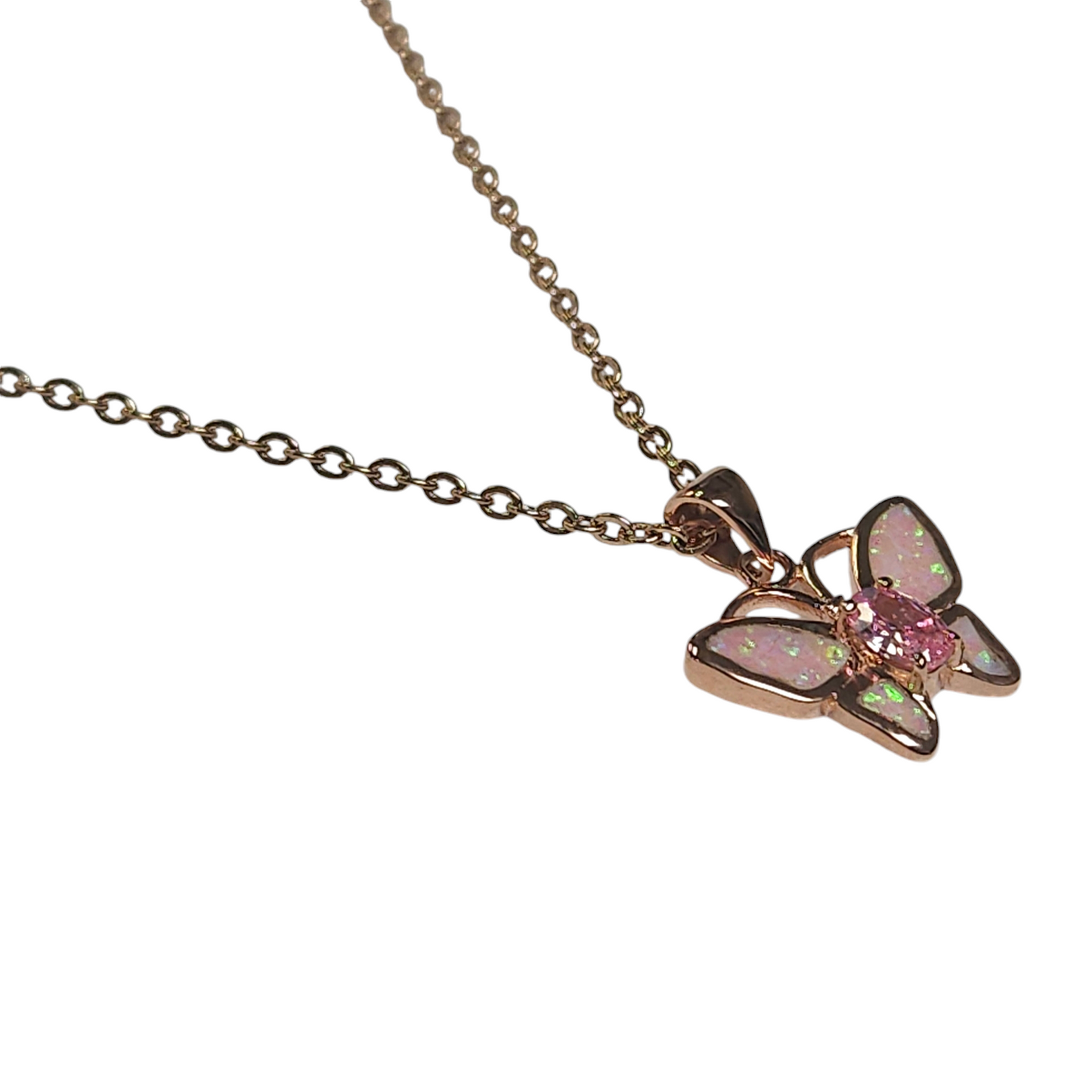 Sterling Silver Rose Gold Pink Lab Opal Butterfly Pendant