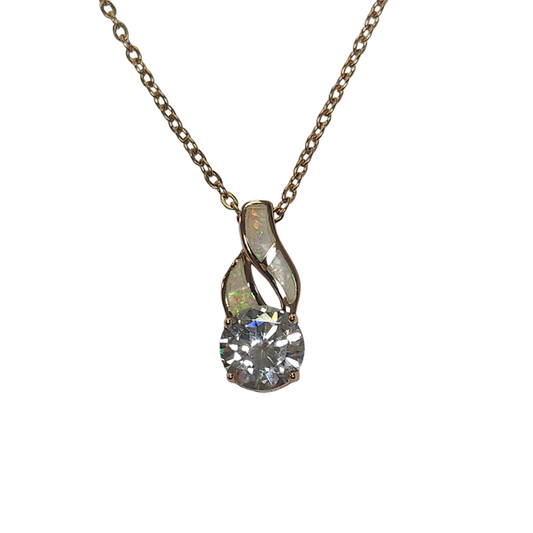 Sterling Silver Rose Gold Clear Lab Opal And CZ Pendant