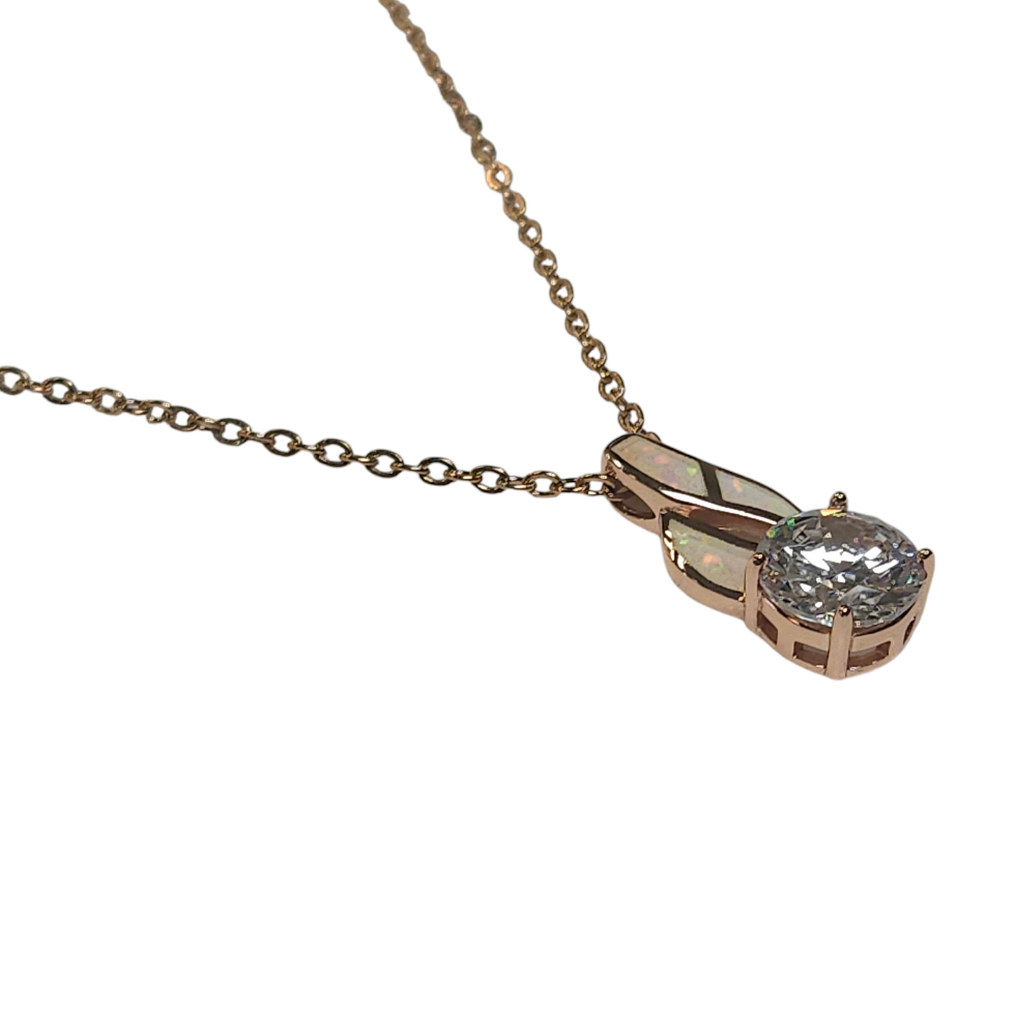 Sterling Silver Rose Gold Clear Lab Opal And CZ Pendant