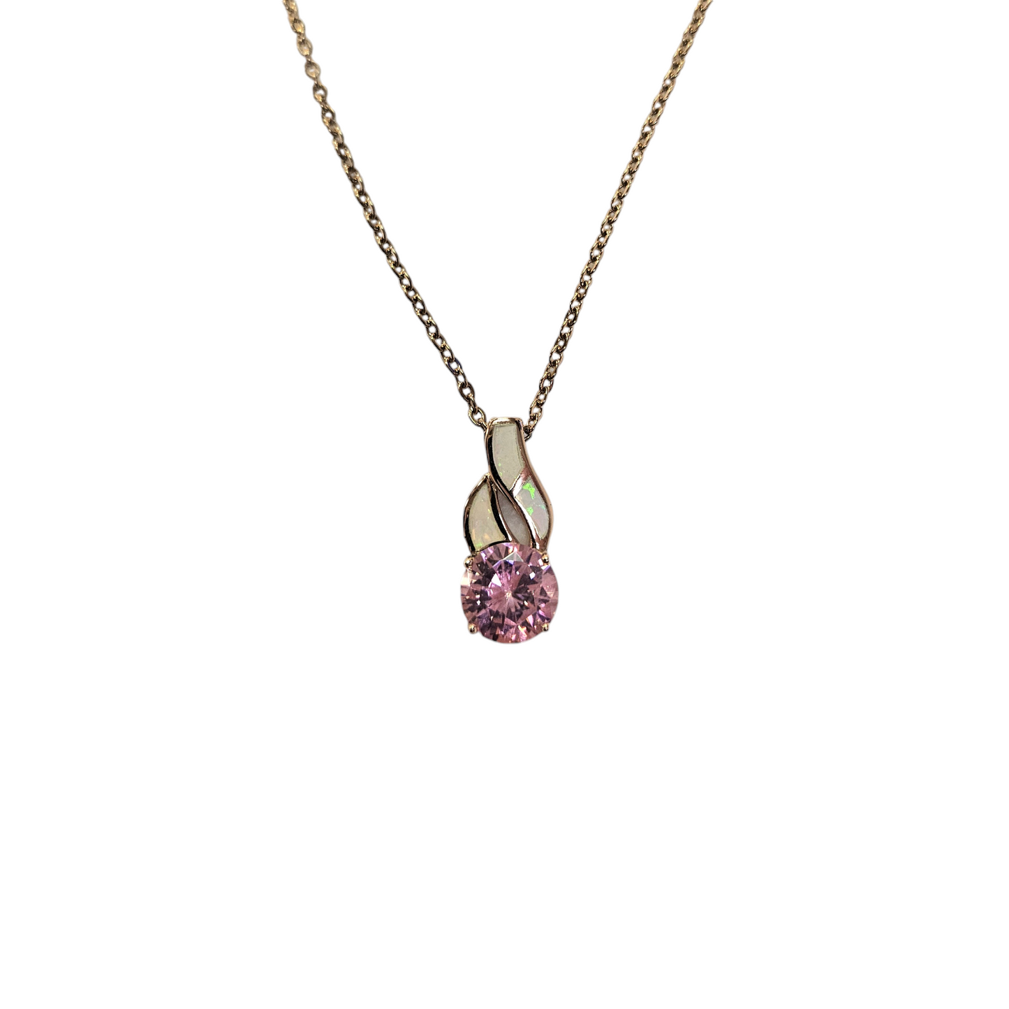 Sterling Silver Rose Gold Pink Lab Opal And CZ Pendant