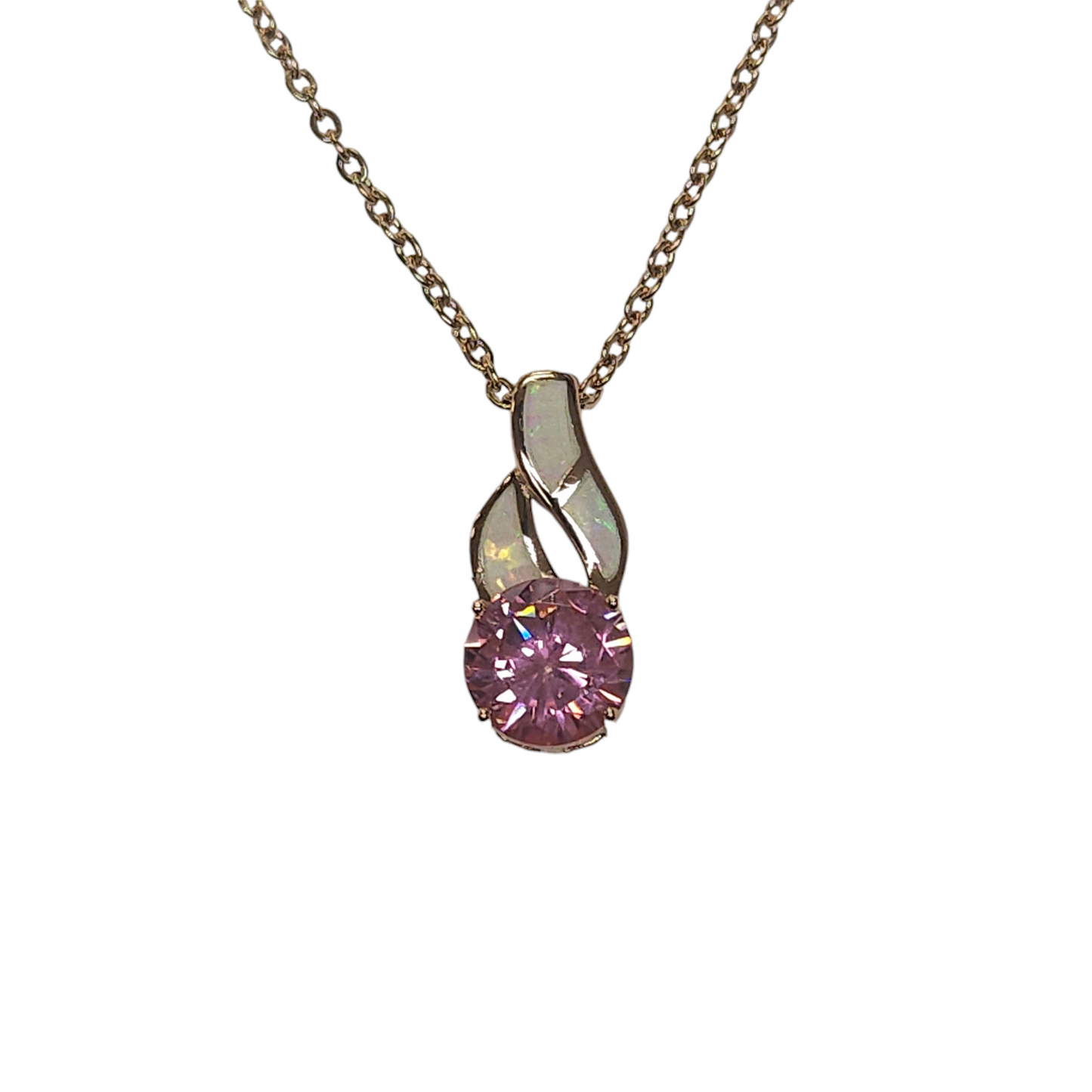 Sterling Silver Rose Gold Pink Lab Opal And CZ Pendant