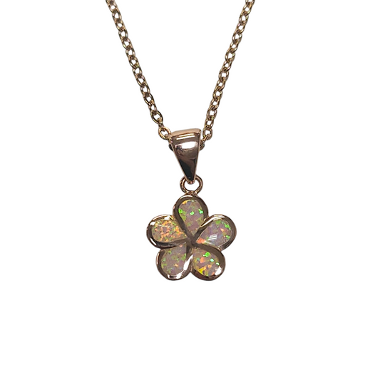 Sterling Silver Rose Gold Pink Lab Opal Flower Pendant