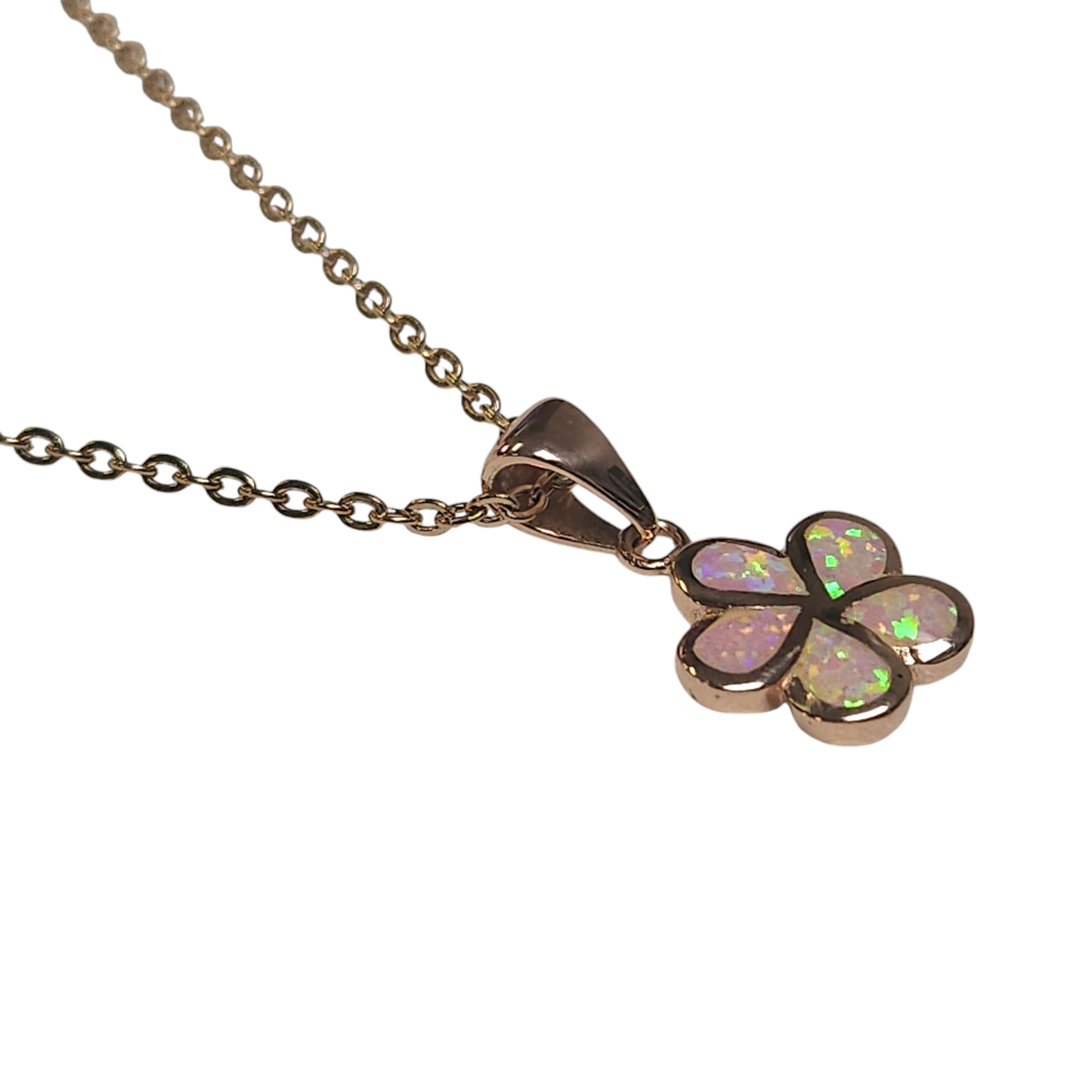 Sterling Silver Rose Gold Pink Lab Opal Flower Pendant