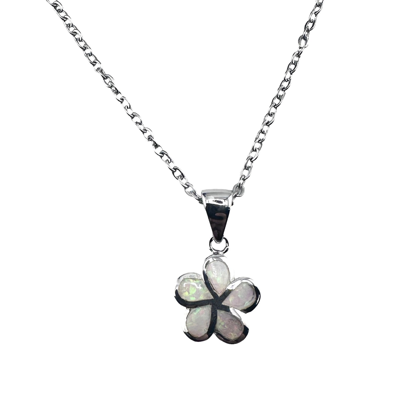 Sterling Silver White Lab Opal Flower Pendant