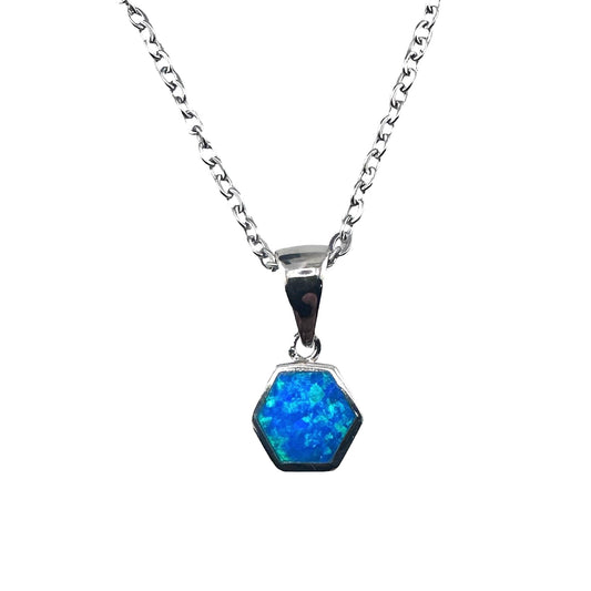 Sterling Silver Blue Lab Opal Hexagon Pendant