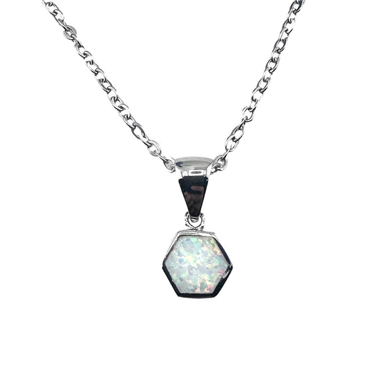 Sterling Silver White Lab Opal Hexagon Pendant