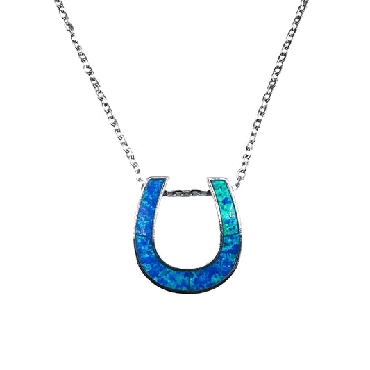 Sterling Silver Blue Lab Opal 925 Horseshoe Pendant