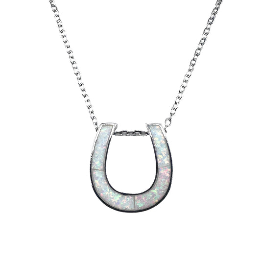 Sterling Silver White Lab Opal 925 Horseshoe Pendant