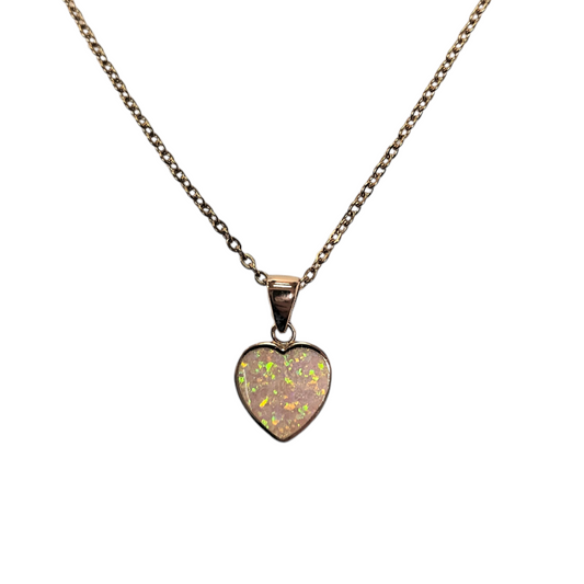 Sterling Silver Rose Gold White Lab Opal Heart Pendant