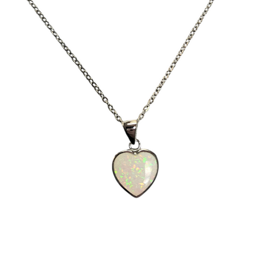 Sterling Silver White Lab Opal Heart Pendant