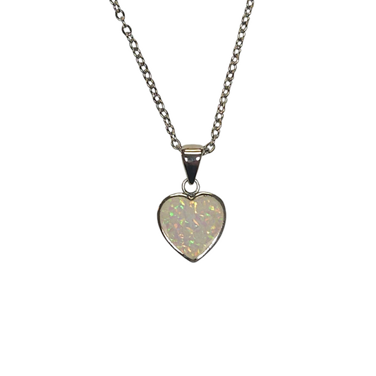 Sterling Silver White Lab Opal Heart Pendant