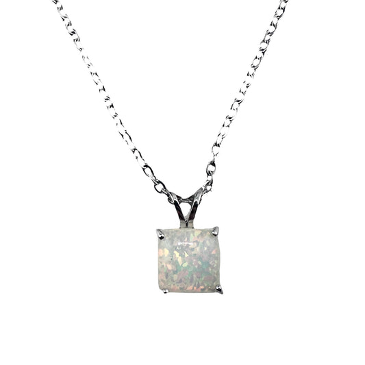 Sterling Silver White Lab Opal Square Pendant