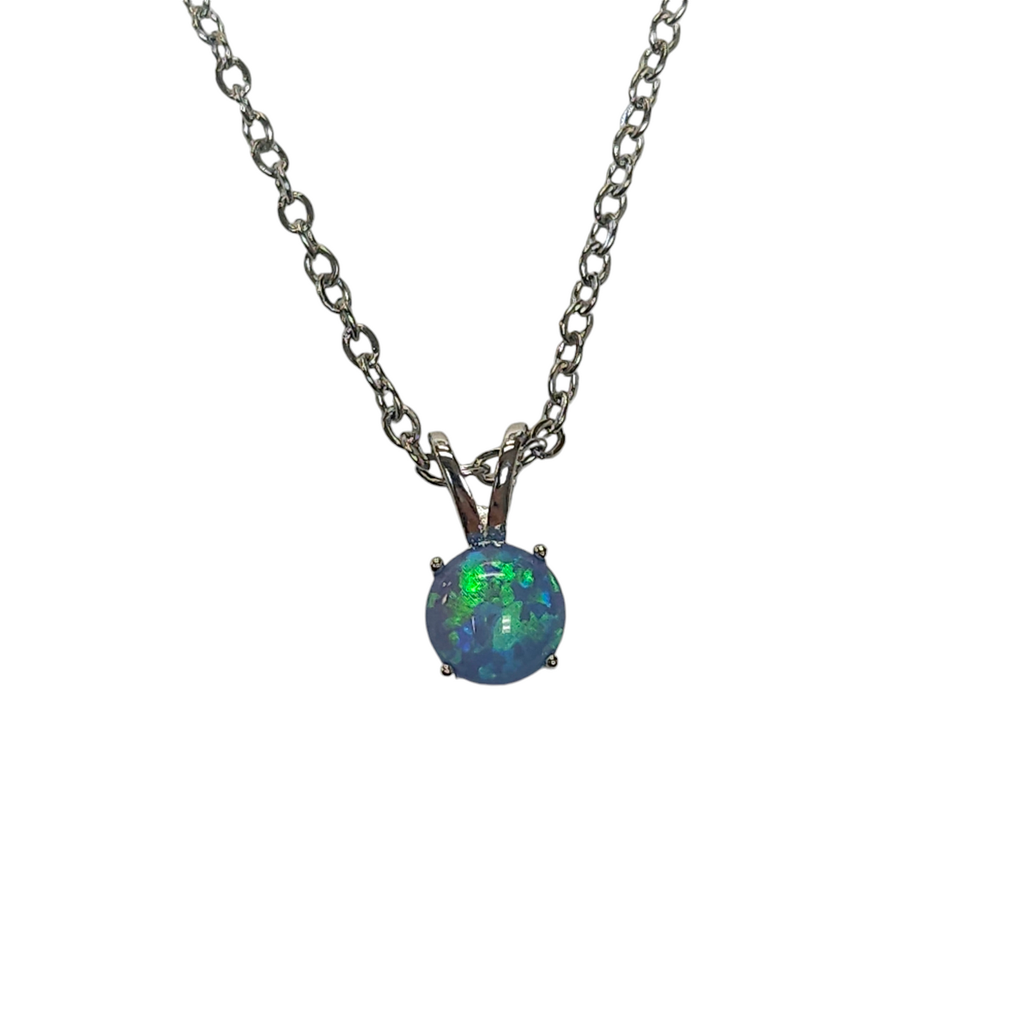 Sterling Silver Blue Lab Opal Round Prong Pendant