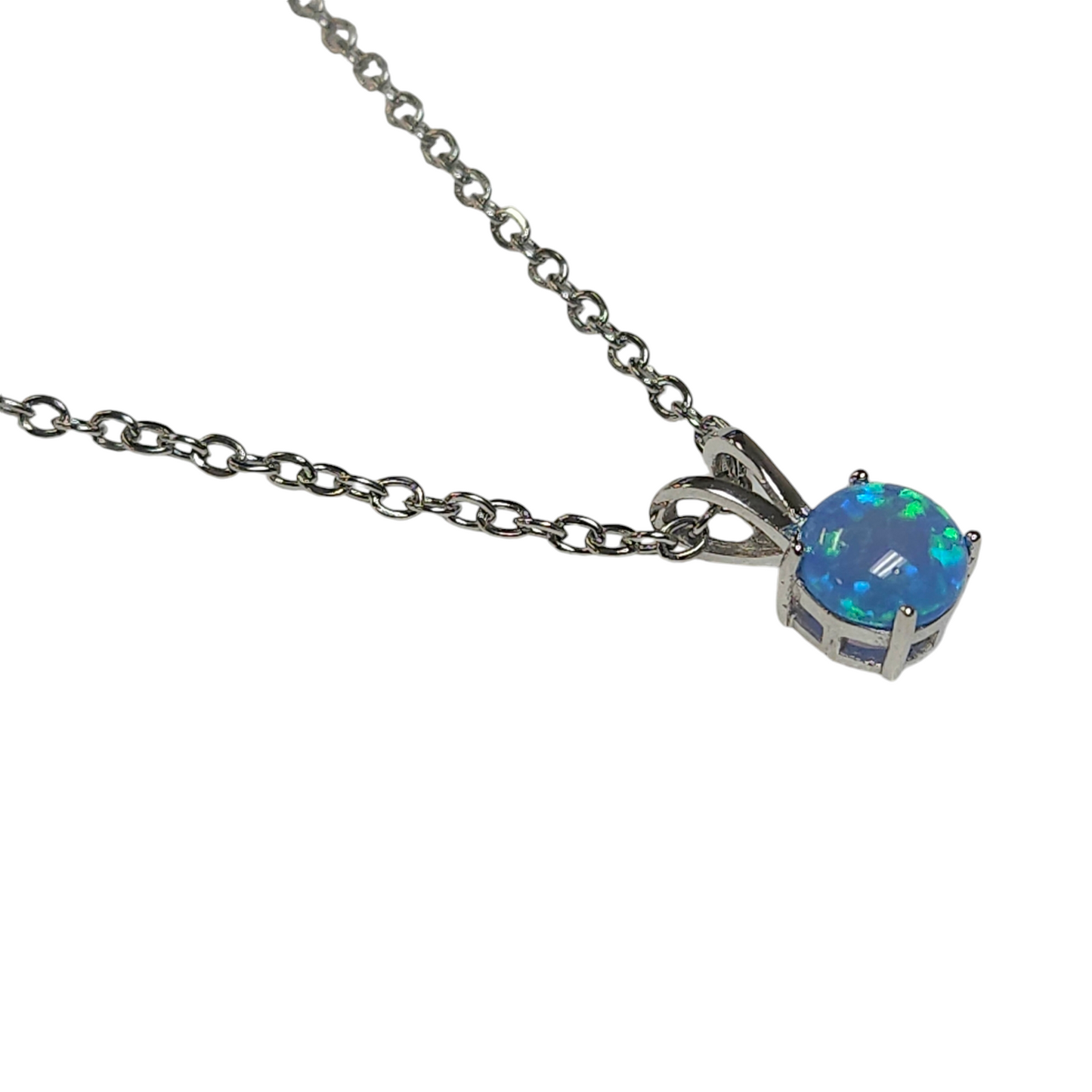 Sterling Silver Blue Lab Opal Round Prong Pendant