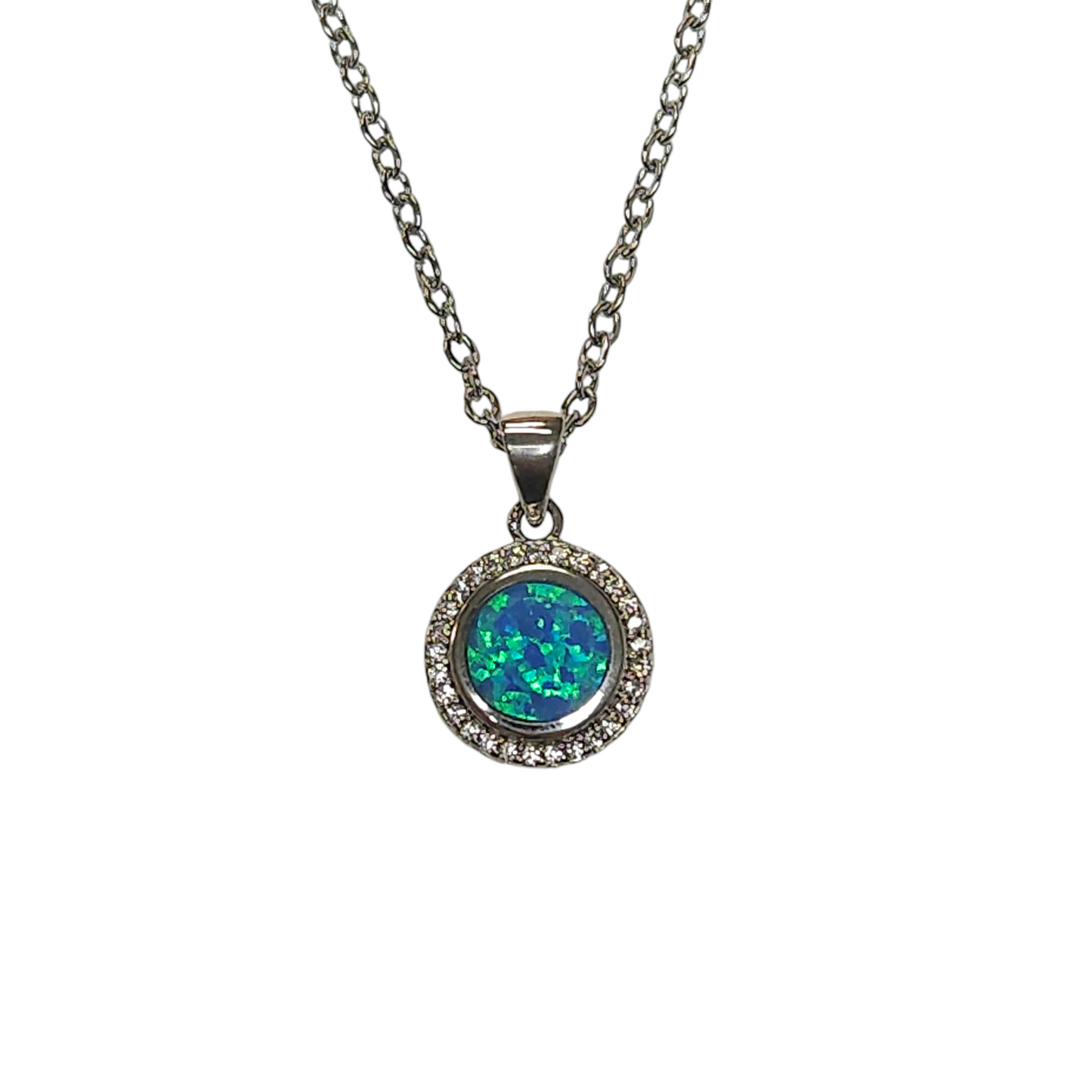 Sterling Silver Blue Lab Opal & CZ Round Pendant