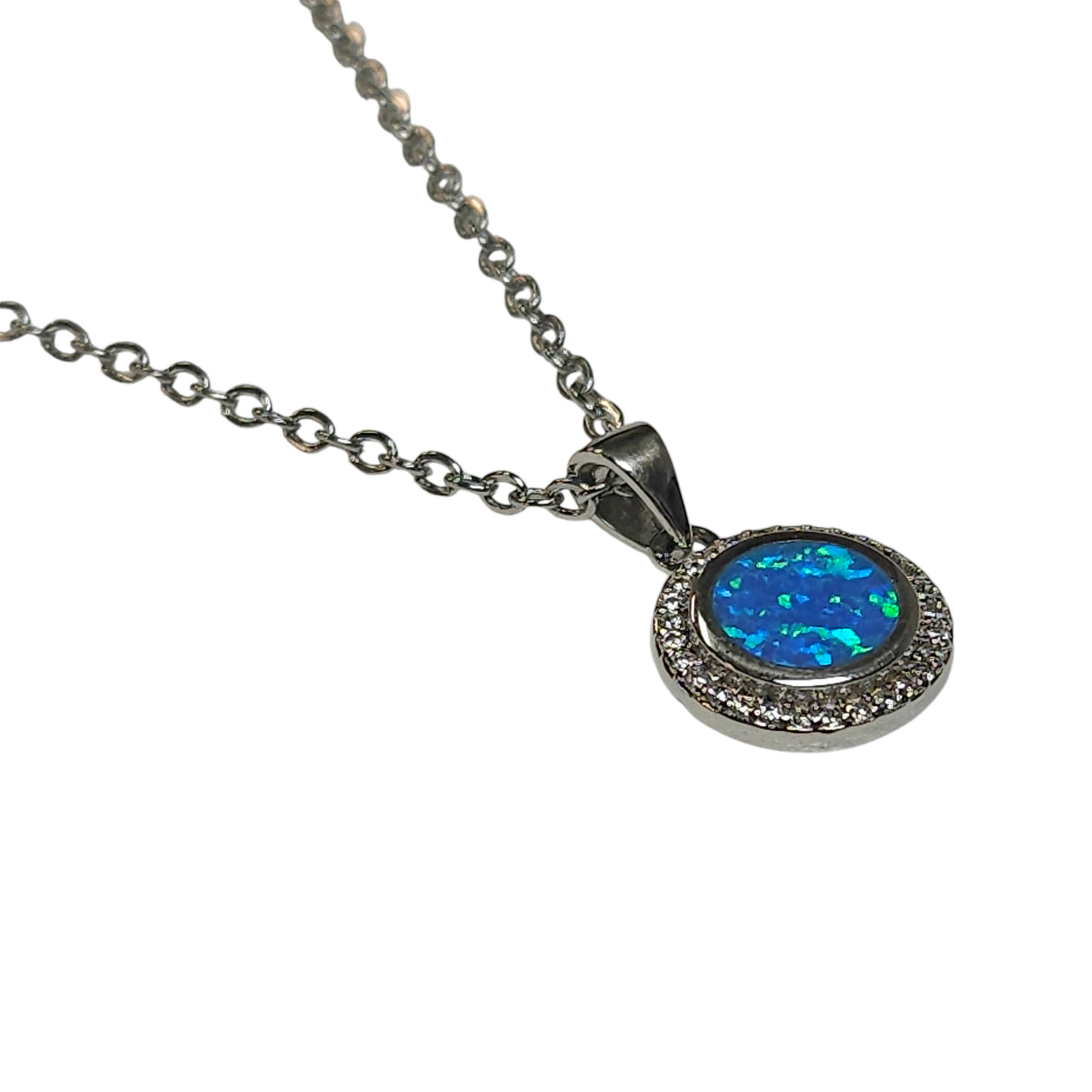 Sterling Silver Blue Lab Opal & CZ Round Pendant