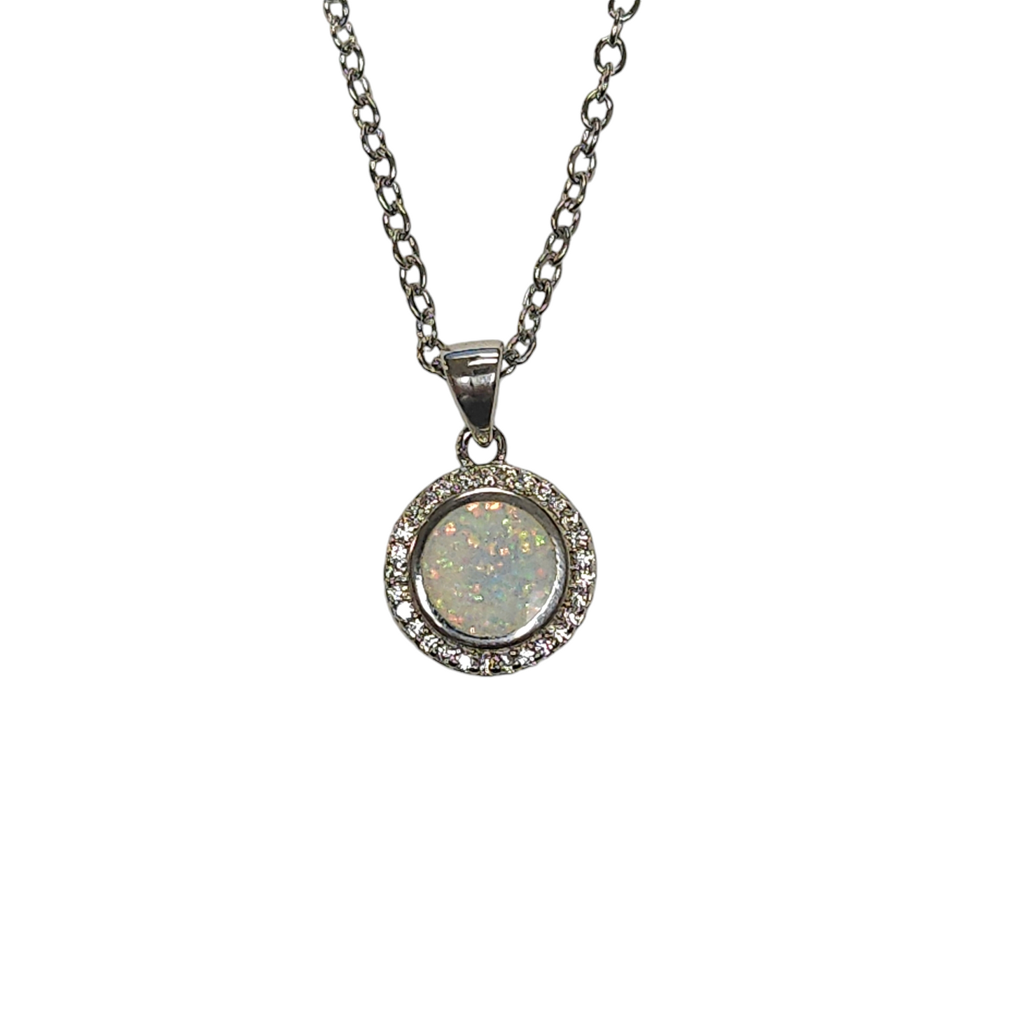 Sterling Silver White Lab Opal & CZ Round Pendant