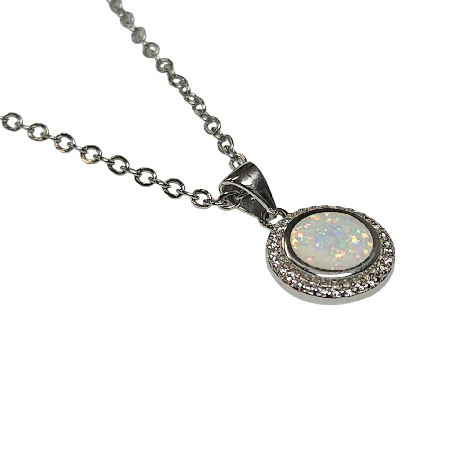 Sterling Silver White Lab Opal & CZ Round Pendant