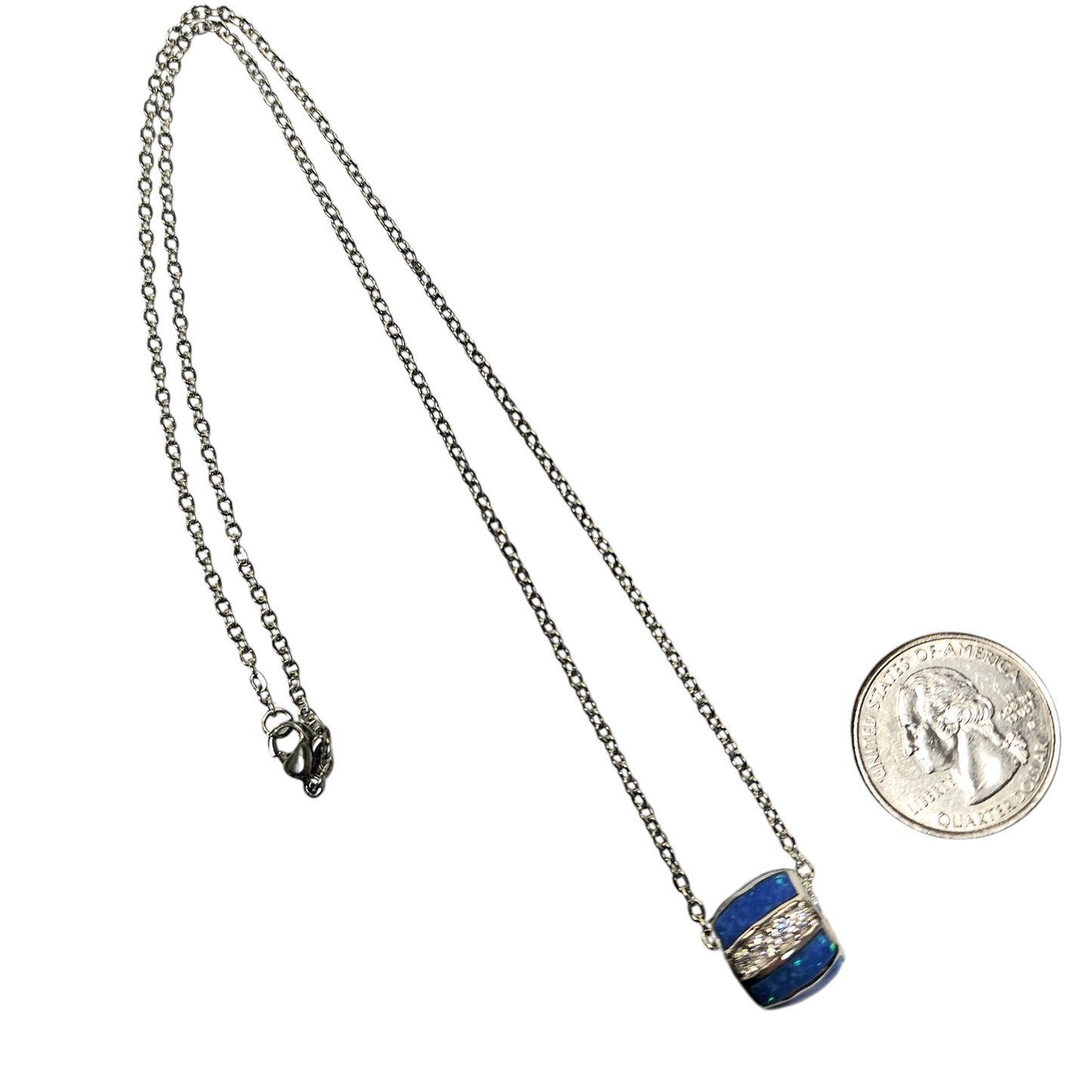 Sterling Silver Blue Lab Opal And CZ Barrel Bead Pendant